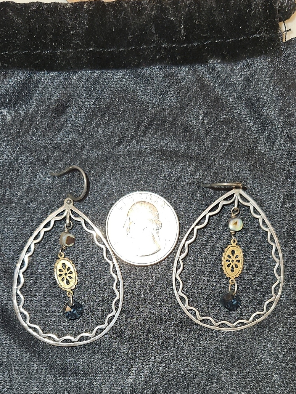 Silpada Sterling Silver, and Brass Teardrop Dangle Earrings with Blue Crystal